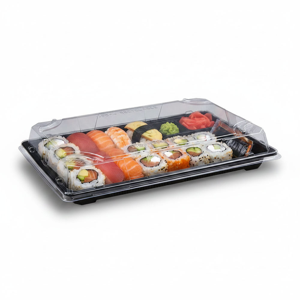 300 Sushi-Schalen mit Deckel 260 x 190 x 45 mm – PP/rPET schwarz/klar