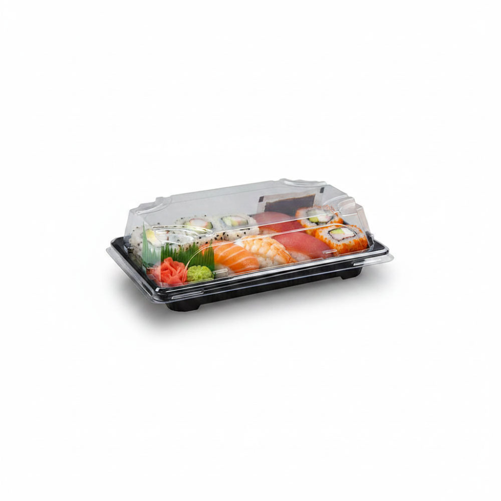 500 Sushi-Schalen mit Deckel 165 x 118 x 45 mm – PP/rPET schwarz/klar