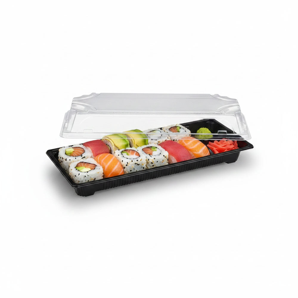 50 Sushi-Schalen mit Deckel 224 x 94 x 45 mm – PP/rPET schwarz/klar
