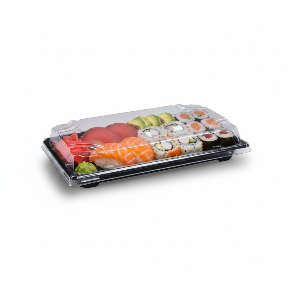 400 Sushi-Schalen mit Deckel 217 x 136 x 45 mm – PP/rPET schwarz/klar